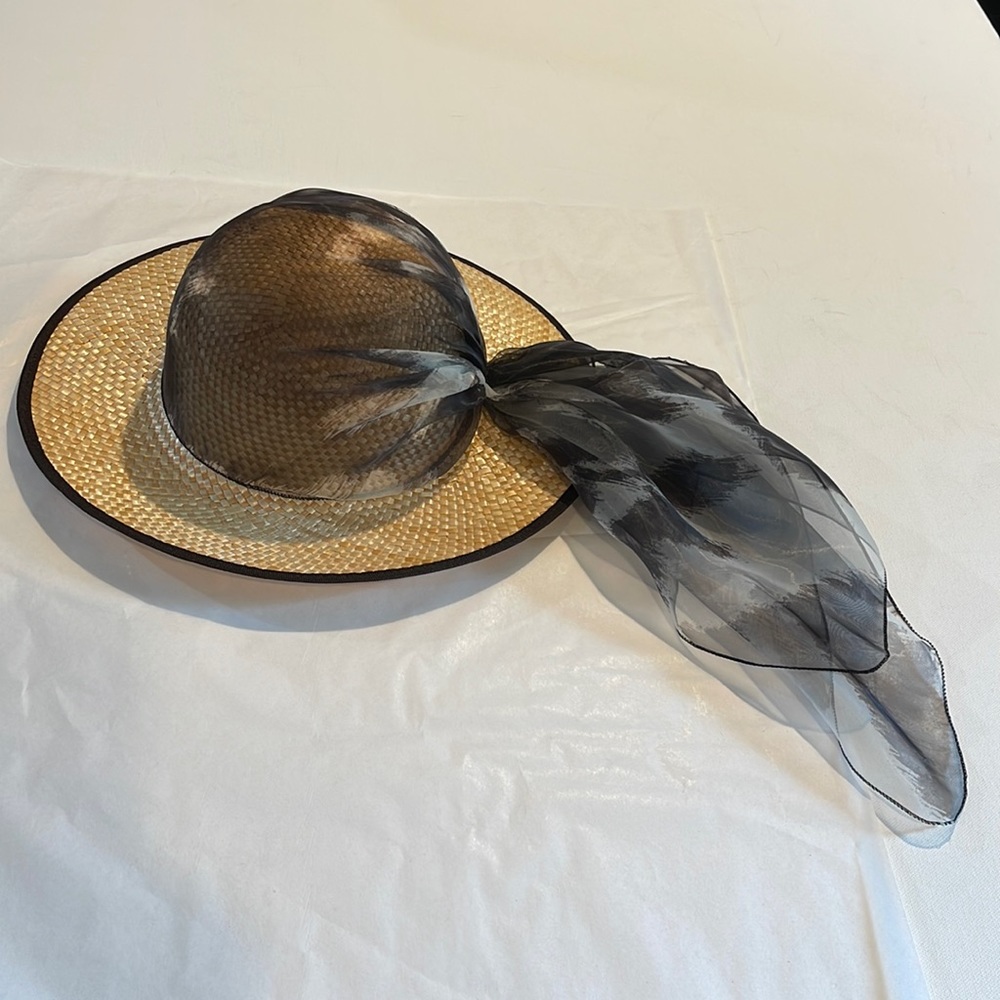 Elegant Black and Tan Women's Hat with Sheer Scarf